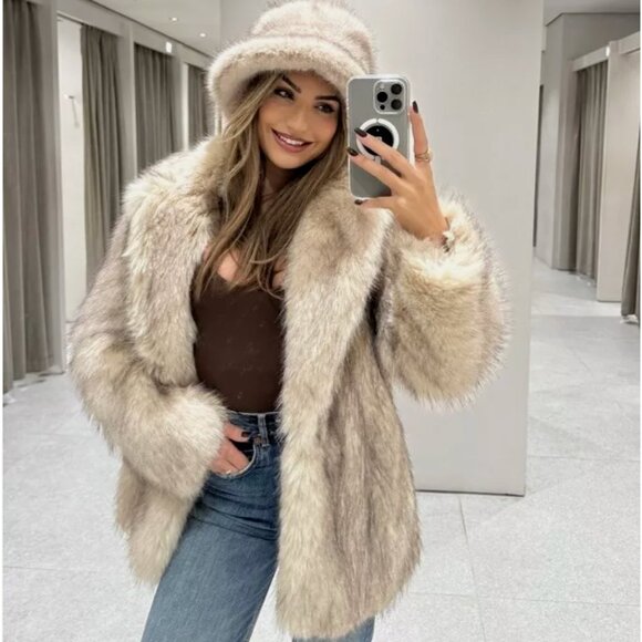 ZARA FAUX FUR COAT LAPEL COLLAR POCKETS ECRU brown Ombre  M 9941/870 - Picture 4 of 11